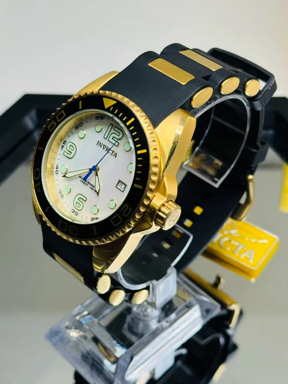 Invicta Pro Diver Gold Tone 44mm Quartz Watch MOP Dial Black Strap New In Box